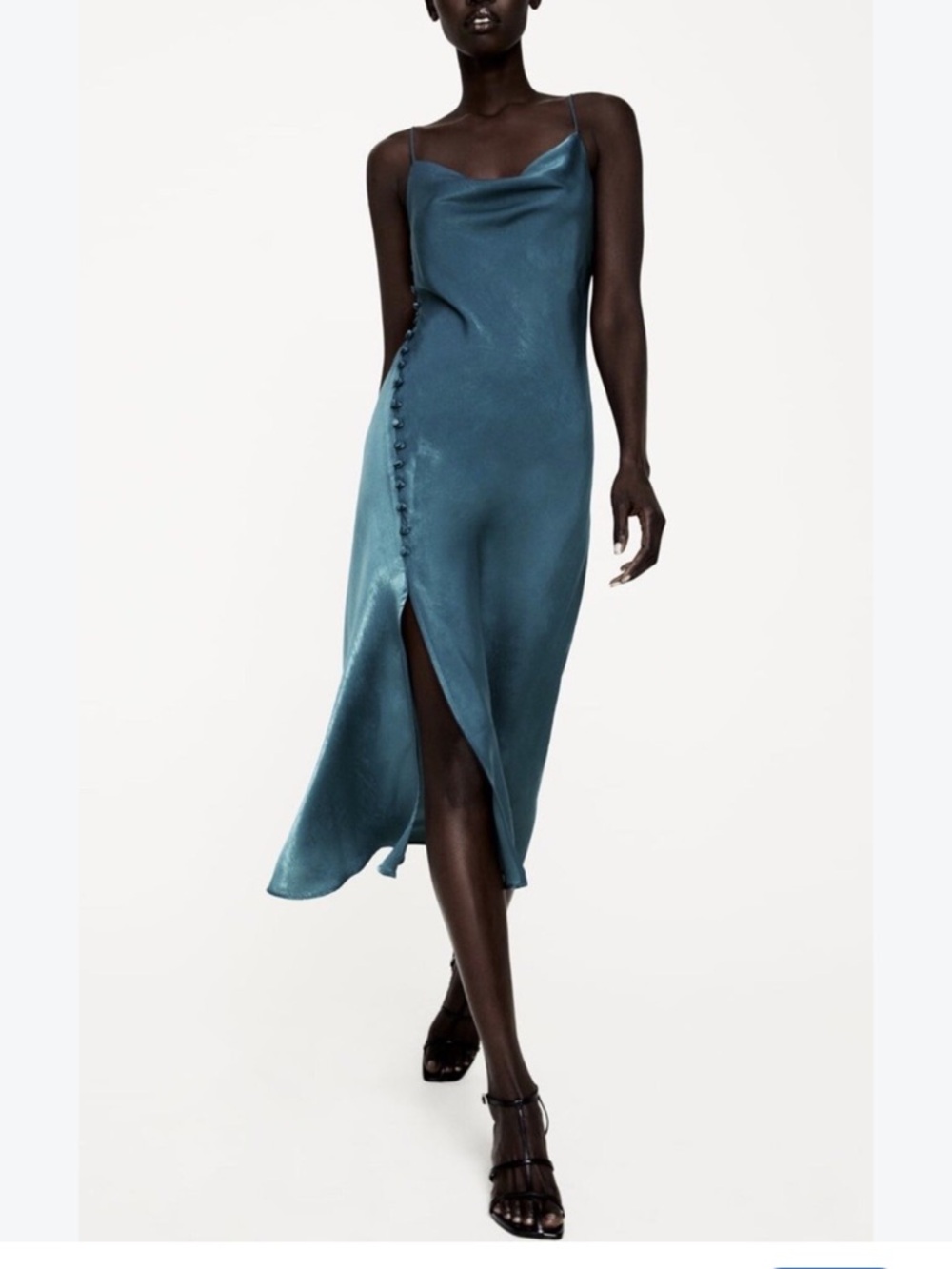 Zara Satin Cowl-Neck Midi Dress in Teal Blue